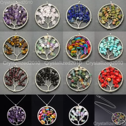 Natural Gemstone Reiki Chakra Chip Beads Tree of Life Healing Pendant Charm