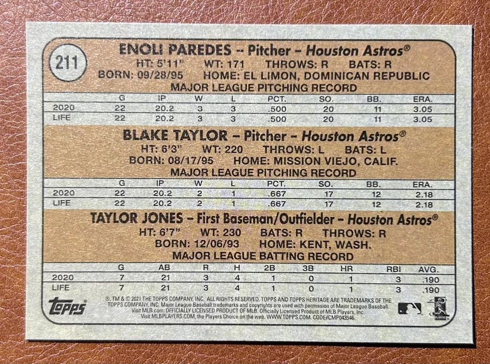 2021 Topps Heritage Astros Rookie Stars Paredes Taylor Jones #211 - Image 2 of 2