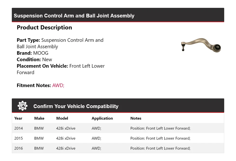 Brazo de control delantero izquierdo inferior delantero MOOG 2014-2016 BMW 428i xDrive AWD Foto 2 de 4