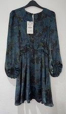 ZARA DUCK BLUE V-NECK PLEATED DRAPED WAIST SHORT SATIN DRESS SIZE S BNWT