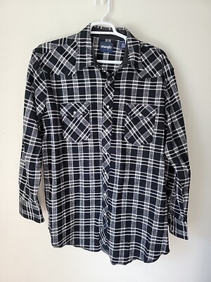 90's Wrangler Heavyweight Flannel Shirt Pearl Snap Mens 2XT Black  Plaid
