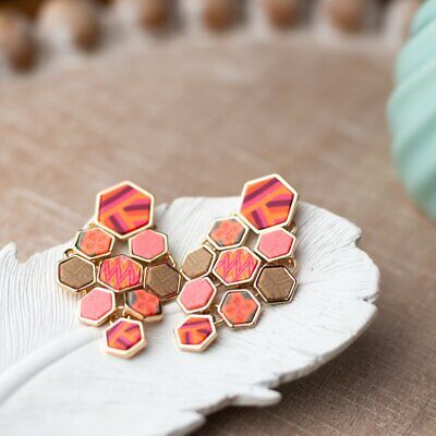 Jilzarah Coral Crush Gold Hexagon Chandelier Earrings