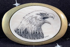 VTG NCT Brass Belt Buckle w/Hand Etched Bald Eagle3.5" x 2" Oval