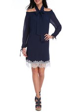 /LX030/ Michael Kors Off-The-Shoulder Lace-Hem Chiffon Dress True Navy Sz S $165