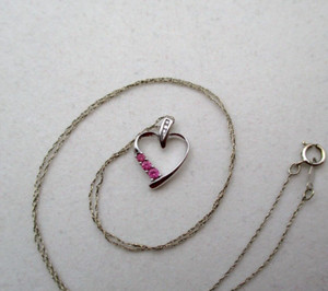 10K White Gold Pink Ruby & Diamond Heart Pendant Necklace 20"