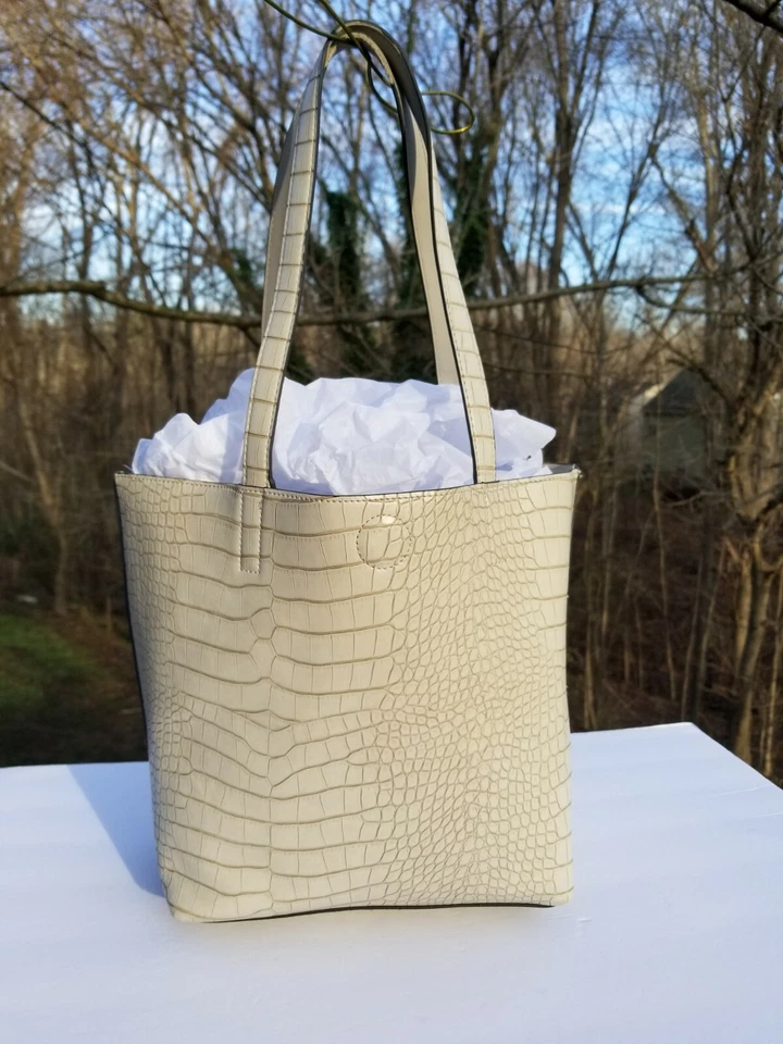 Vanilla Creme Faux Crocodile Leather Vegan Tote + Wallet & Pouch, 3 Piece Set - Image 3 of 4