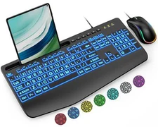 Wired Keyboard and Mouse Large Print Backlit Keyboard with Wrist Rest and 7-C...