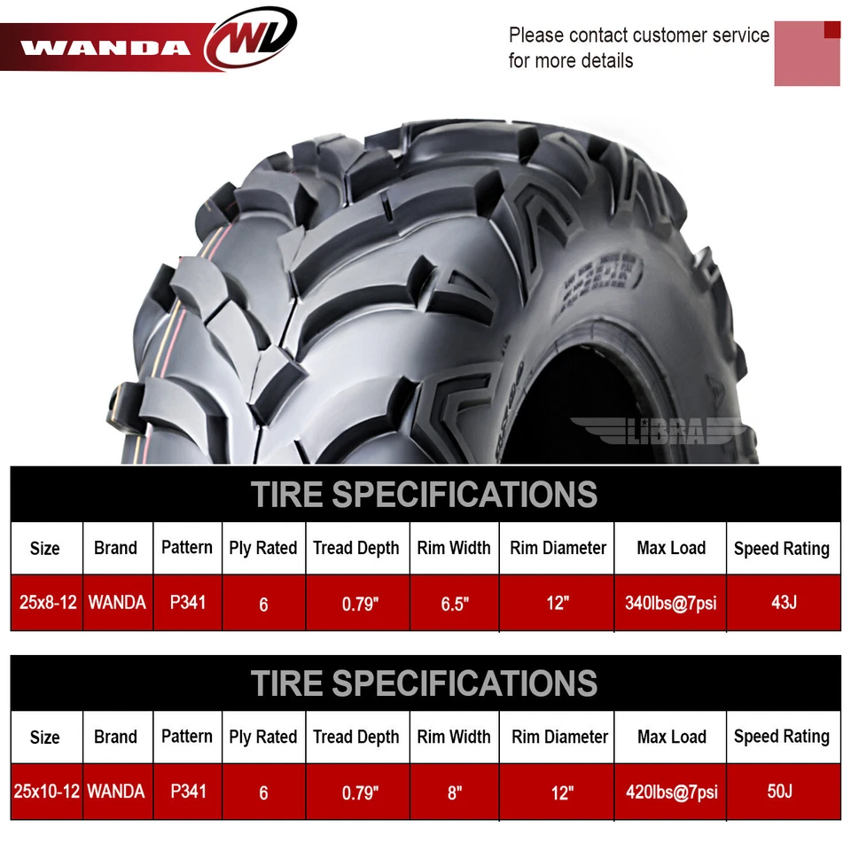 4 WANDA ATV/UTV Tires 25X8-12 25X10-12 for 2002-2006 KAWASAKI PRAIRIE 650/700 - Image 3 of 4