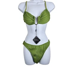 Zaful Womens Size Small Green Textured Bikini Set Adjustable Straps & Back Tie