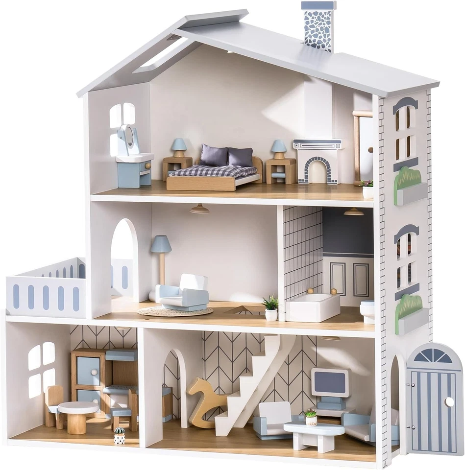 Robud Wooden Dollhouse 3 Story Doll House Set with 23 Pcs Furniture for Ages 3+ - Image 3 of 4