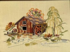 Vintage Completed Crewel Embroidered Art Picture Of Mill  Stream Wood Frame