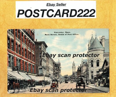 MA Worcester 1912 antique postcard buildings & trolly car Main st south Post Off