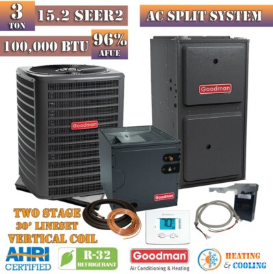 Goodman 3 Ton Air Conditioner & Upflow 96% 100K BTU 2 Stage Gas Furnace System
