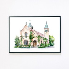 Kirche Landschaft Aquarell Gemälde Illustration A5 Wohndeko Wandbild Kunstdruck