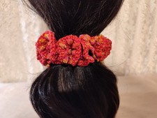 Crochet Handmade Hair Scrunchie Pony Tail Holder Red & Gold Multicolored
