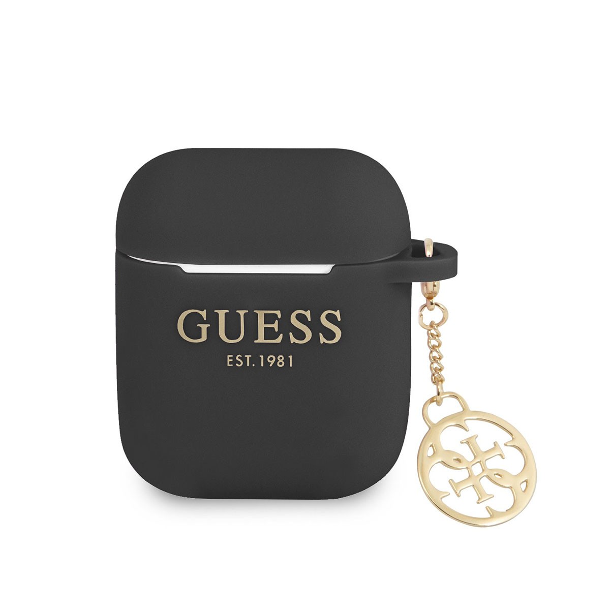 Coque AirPods 1/2 Guess anti-rayure en silicone noir pour protéger le boîtier des chocs