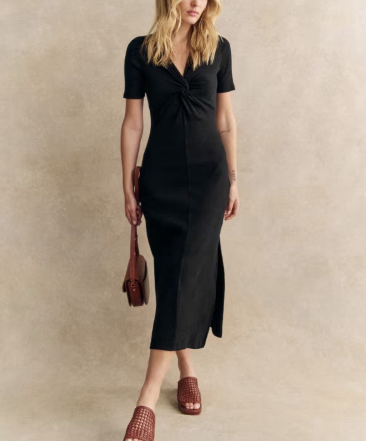 Sezane Elisa Twist Short Sleeve Casual Black Midi Dress Women’s S
