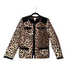 Chico's Women Leopard Print Jacket Size 1 Faux Leather Trim Pockets Hook Closure