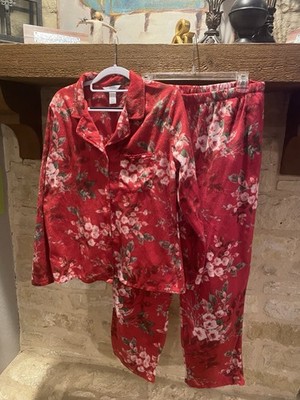 Women's sz L Fleece 2 Piece Pajama Set by Adonna Sleepwear Red Floral Roses