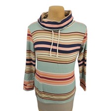 Ampersand Avenue Pullover Hoodie Women XL Striped Cowl Neck Thumbholes Sage