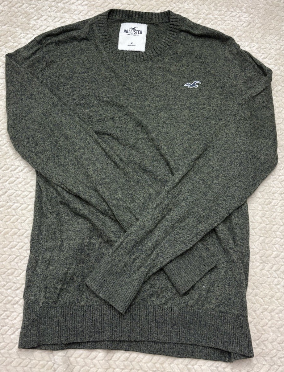 Hollister Sweater Mens Medium Olive Green Crewneck Knit Logo Casual
