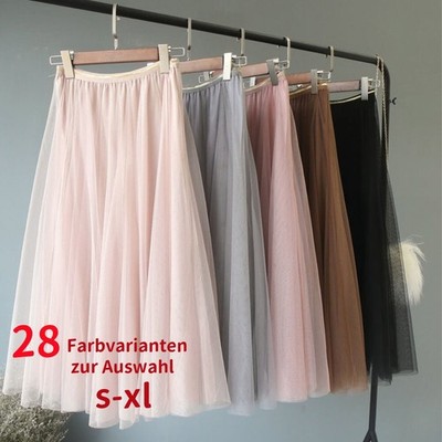 Damen Langrock Tutu Tüll Rock 3 Layer A-linie Braut Party Hohe Taile Röcke DE 