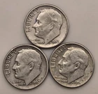 three 1962 D ROOSEVELT DIMES 10C (#330) Denver, circulated, ungraded