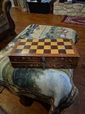 Vintage Soapstone Chess Set Wooden Case Two Damaged Pieces
