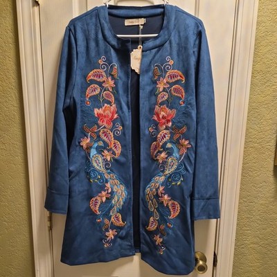 Simply Couture Embriodered Peacock Coat, Duster Style. Very Soft. Sz M