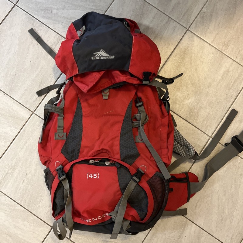 High Sierra Avenger 45L Hiking Backpack Hip Belt Padded Pockets Red/Gray/Black