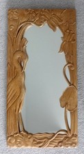 WOODEN MIRROR HAND CARVED INDONESIAN 13" X 24" FLOWERS AND BIRDS BORDER. VGC