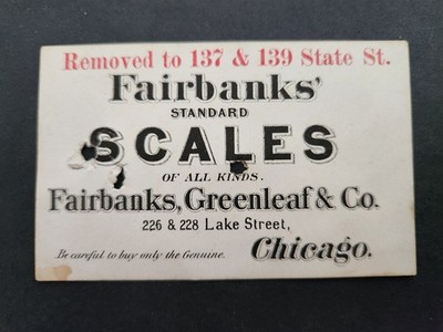 c.1870s antique FAIRBANKS GREENLEAF & CO chicago il Standard SCALES trade card