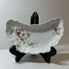 German Bone Dish - Pink Flowers, Kidney Shaped, Porcelain