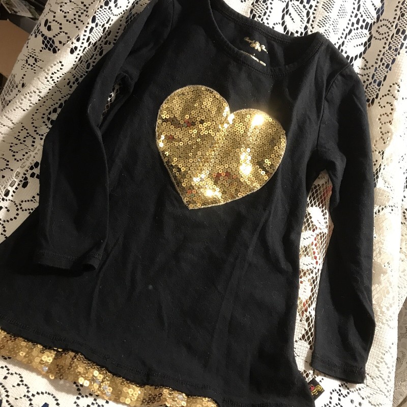 ROYAL BUZZ BLACK LS TOPGOLD SEQUIN HEART AND HEM TRIM SIZE 4