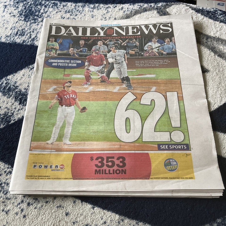 NEW YORK YANKEES AARON JUDGE 62nd HOME RUN RECORD DAILY NEWS NEWSPAPER