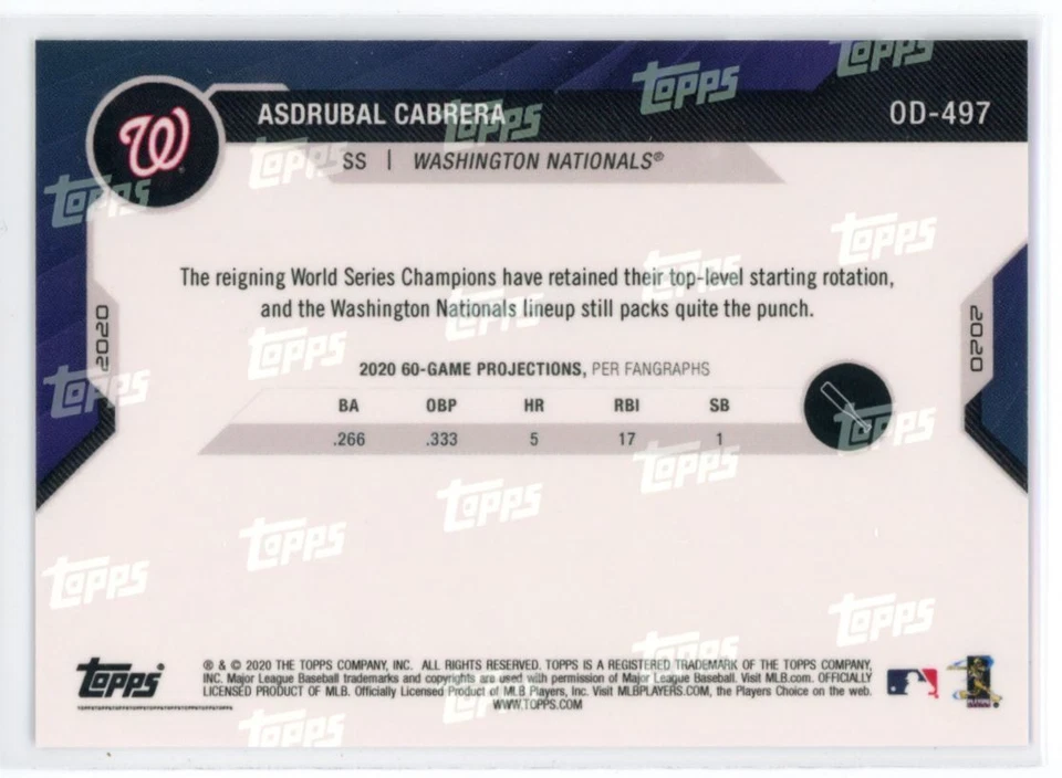 2020 Topps Now Road to Opening Day Summer Camp Asdrubal Cabrera Washington - Image 2 of 2