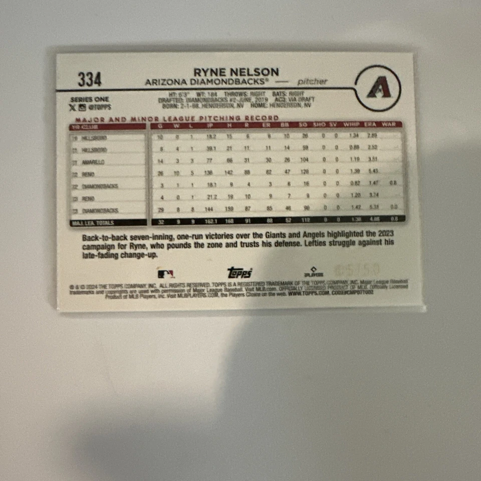 2024 Topps Ryne Nelson #334 Yellow Crackle 05 /50 Arizona Diamondbacks - Image 2 of 3