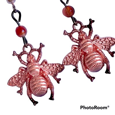 Bumble Bee Earrings Rose Gold Plated Dangle Queen Bea Orange Carnelian Bead
