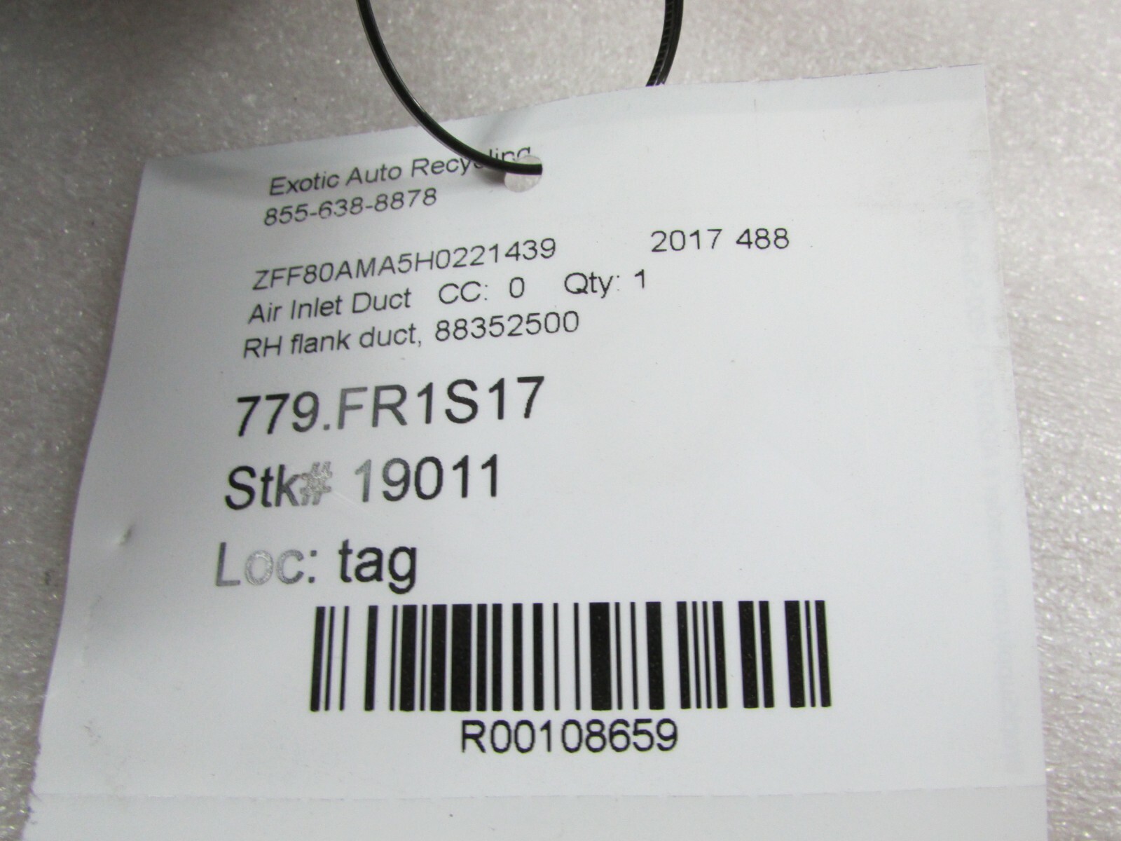 Ferrari 488 Spider, RH, Right Flank Vent Extraction Duct, Used, P/N 88352500