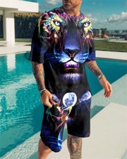 Men Tops Shorts Outfit Shirt Short Sleeve Suit 2-Piece Set T Shirts 2PC/set