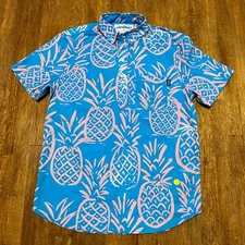 Chubbies Sunday Shirt Men Medium Blue Button Down Stretch Pineapple AOP Preppy
