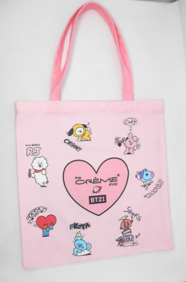 BT21 x The Créme Shop Tote Bag Canvas Pink 14x15'' Chimmy Cooky Tata RJ Koya Mang