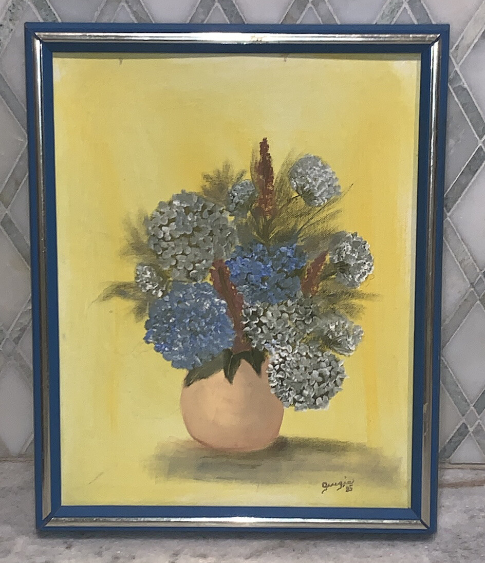 Original Vintage Hydrangea Still Life Blue Frame Signed 1985 12 5
