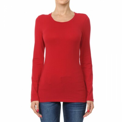 Women's Basic Long Sleeve Crew Neck Top - Soft Cotton Solid Color Shirt, Versatile For Casual Wear