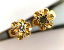 14K Yellow Solid Gold Flower Diamond Ladies Post Pierced Stud Earrings