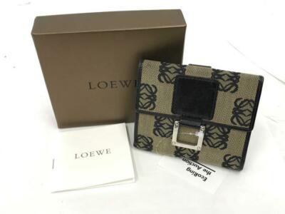 Auth LOEWE Bi-Fold Mini Wallet Anagram Brown Canvas Leather