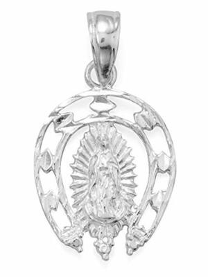 Virgin Mother Mary Horseshoe Pendant Cut Out Diamond-cut Sterling Silver 