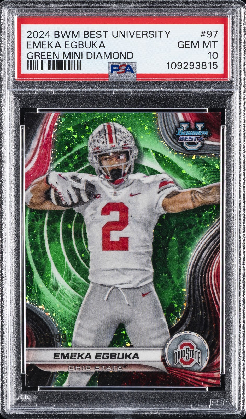 2024 BOWMAN BEST UNIVERSITY GREEN MINI DIAMOND #97 EMEKA EGBUKA 66/99 PSA 10