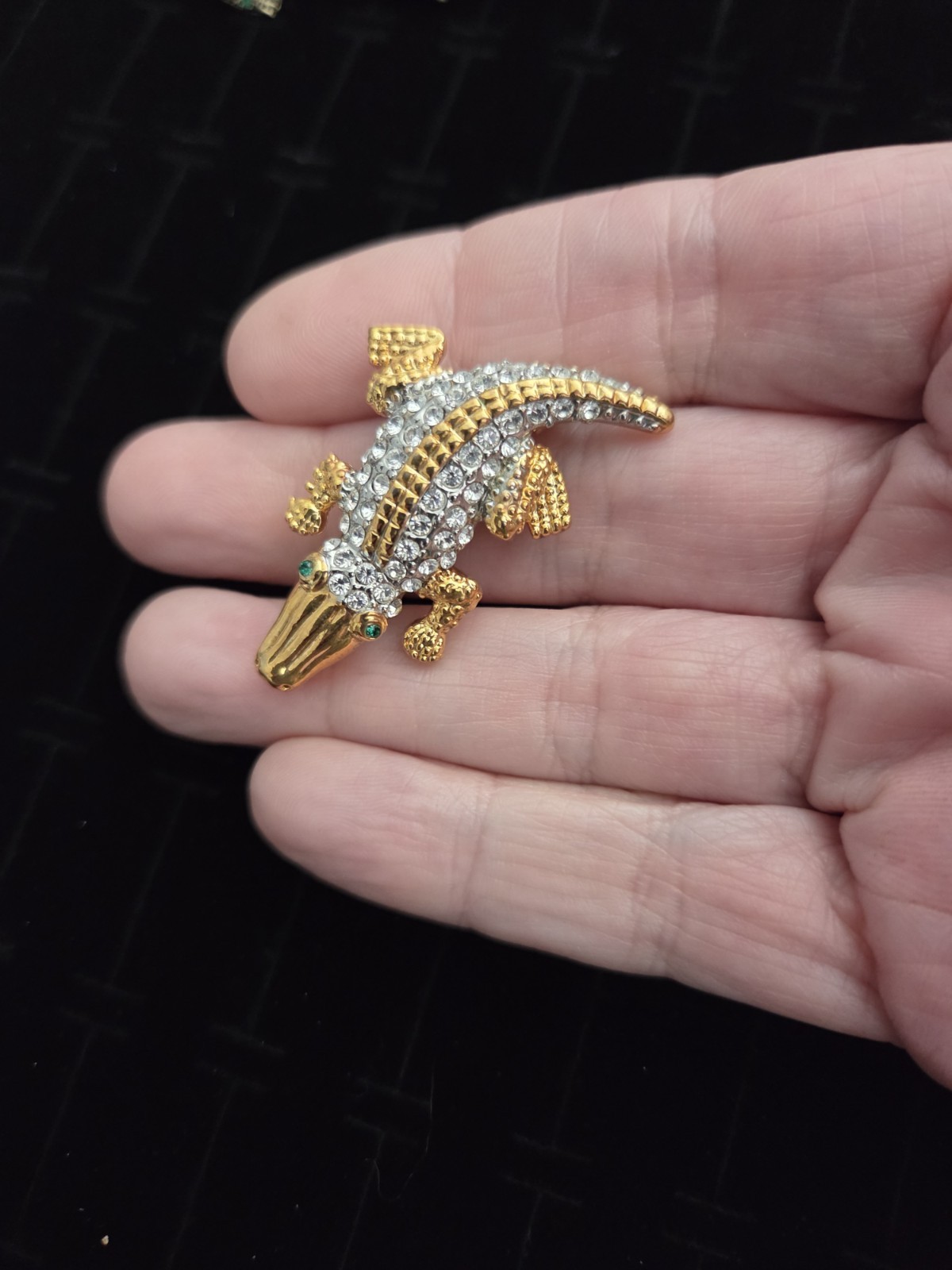 Vintage ALLIGATOR CROCODILE Brooch Pin Rhinestone & Polished Gold Tone