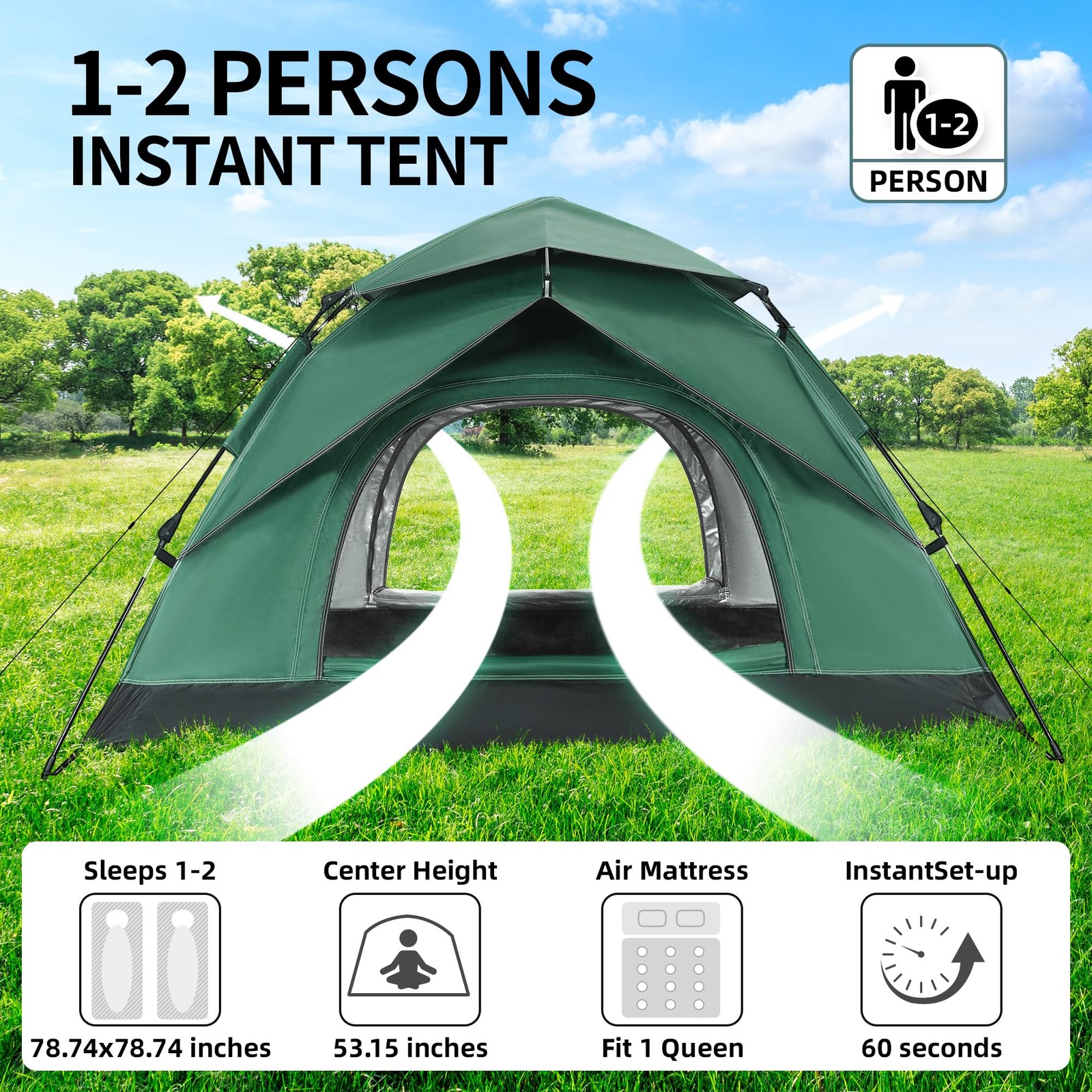 1-2 Person Instant Pop Up Tent, Quick Setup Lightweight Camping Tent for Solo...